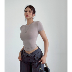 liviahome 美式skims短袖T恤紧身螺纹圆领性感修身辣妹卡戴珊上衣