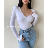 女性感辣妹深V领内搭长袖 liviahome 欧美紧身连体打底衫 T恤上衣