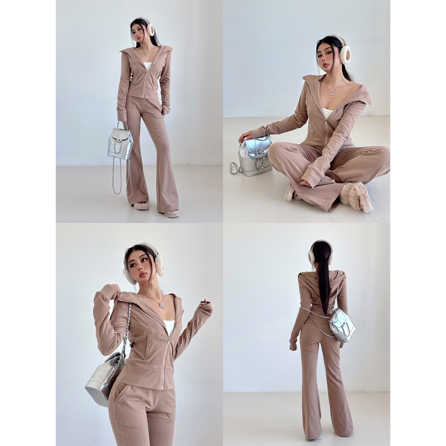 运动风连帽拉链卫衣套装