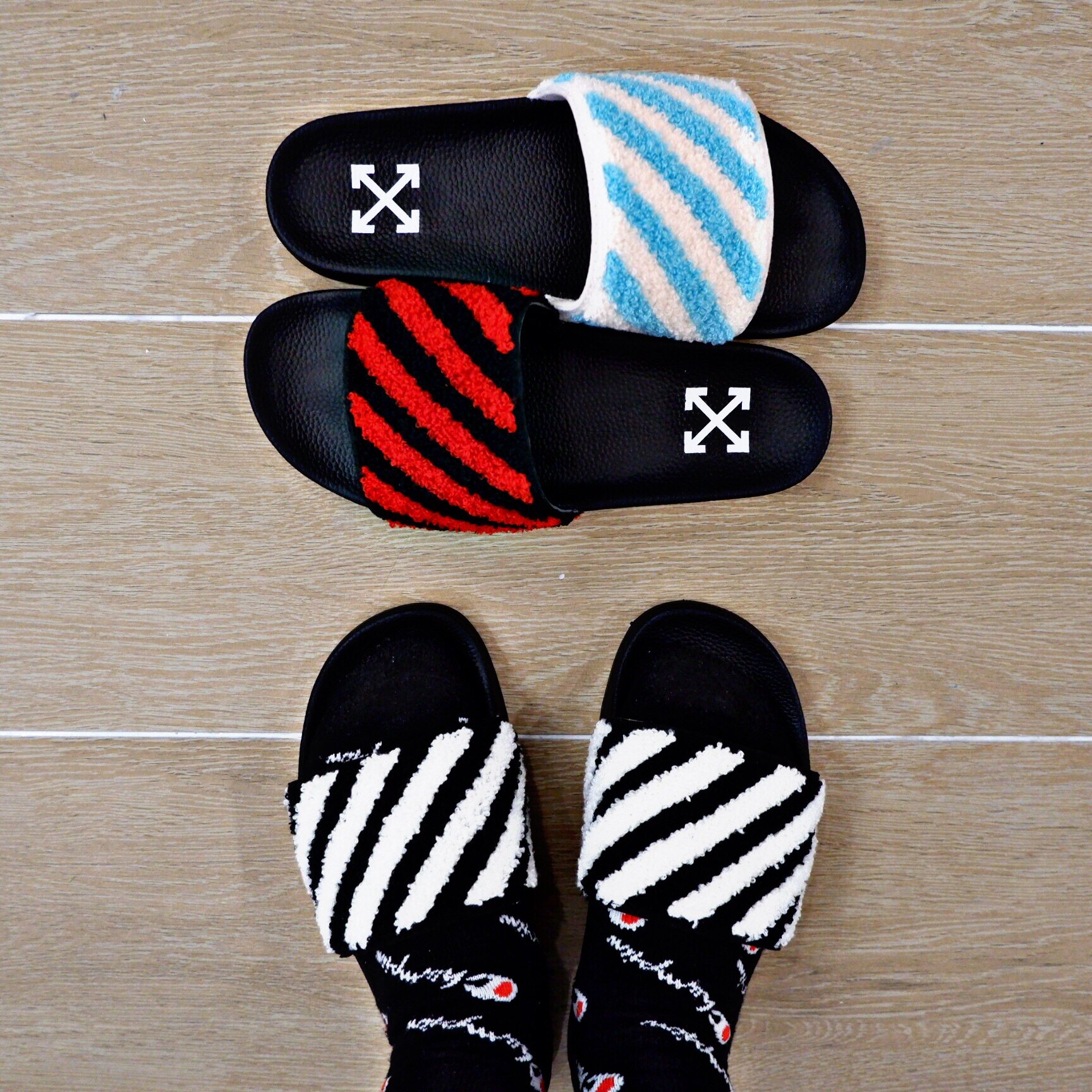 off潮牌black white男女情侣家居拖防滑沙滩拖植绒条纹ow拖鞋外穿