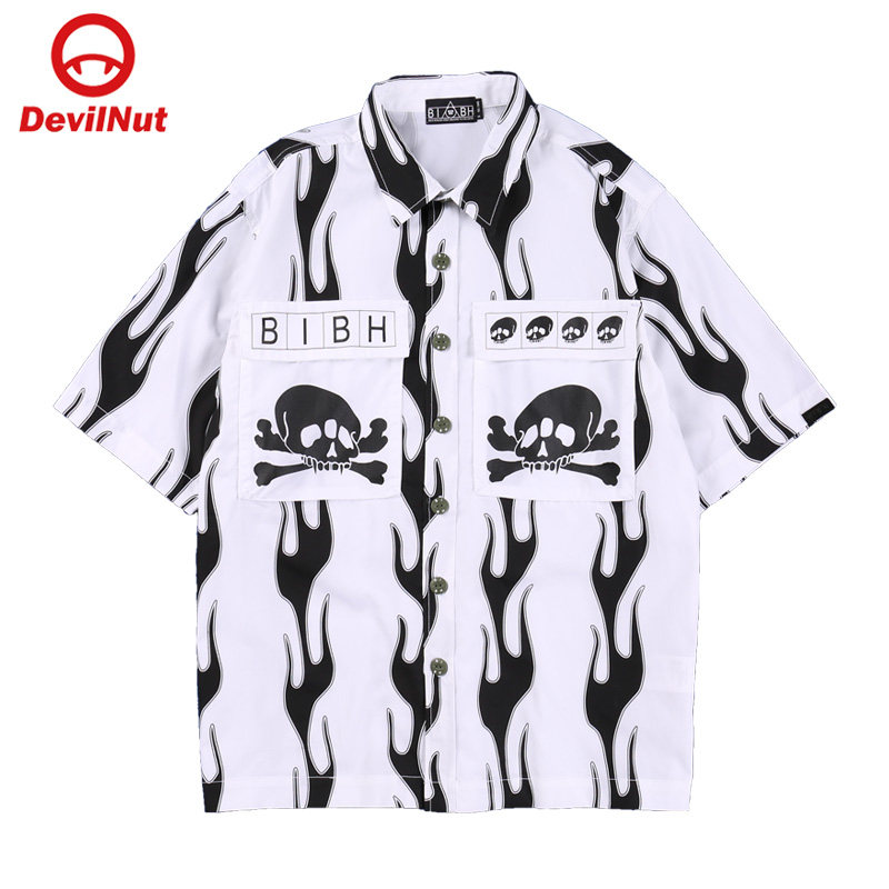 DEVIL NUT潮牌恶魔男式休闲大贴袋衬衫骷髅火焰迷彩 BIBH SET