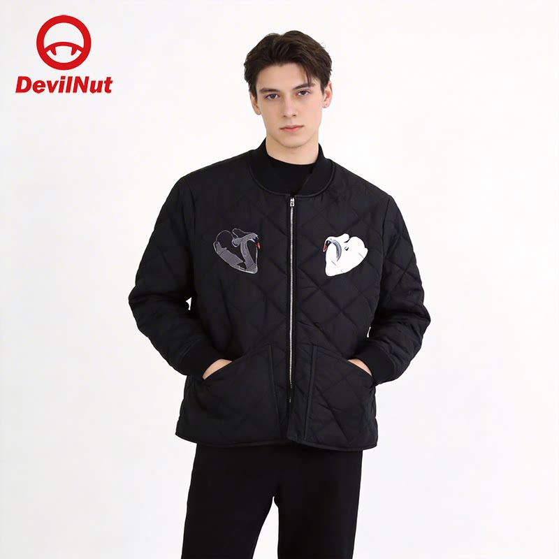 DEVIL NUT黑色徽章棒球棉服外套男立领菱格绗缝飞行员夹克保暖