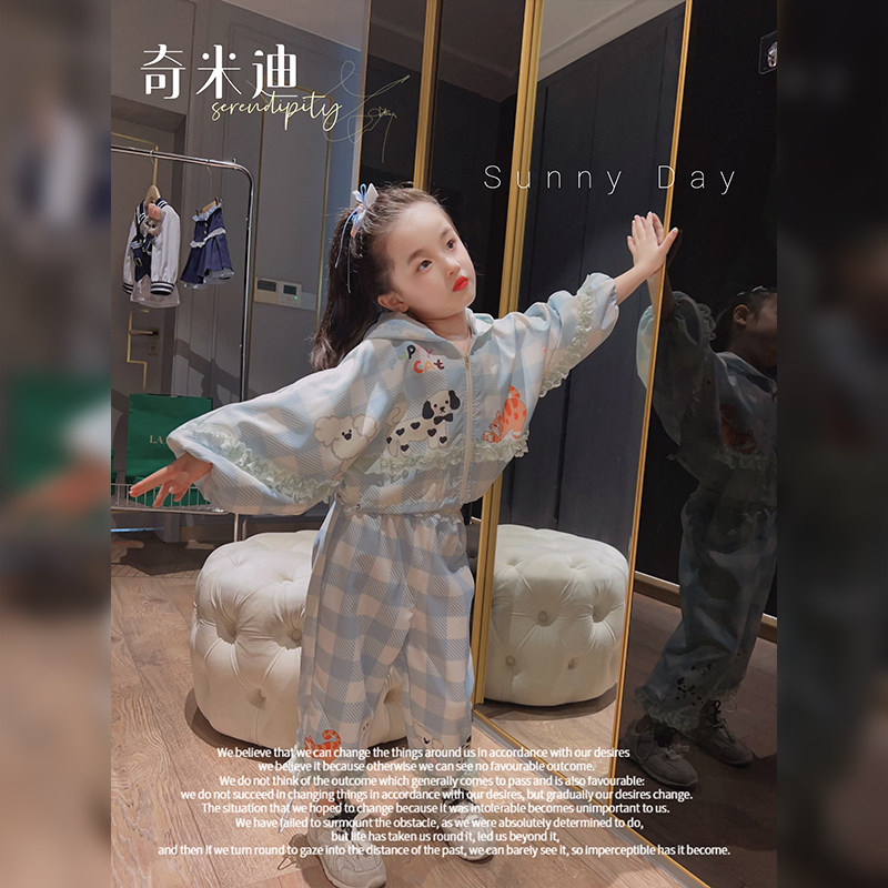 奇米迪女童卡通格子套装春装新款套装