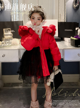 奇米迪女童公主羽绒服中长款红色冬装新款洋气儿童保暖外套女