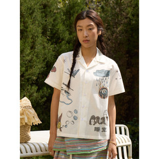 短袖 年九一口贰 美式 手绘艺术插画天丝棉夏威夷花衬衫 衬衣 睡觉