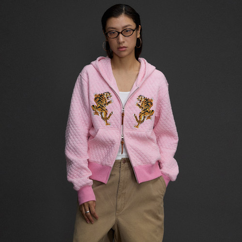 年九一口贰 上山虎刺绣菱形格粉色卫衣春秋加厚拉链开衫外套男女