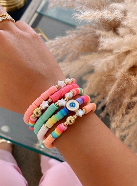 手工diy手饰套装多层叠戴波西米亚风软陶串珠天然贝壳五角星手链