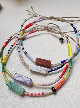 MLGM小众ins风彩色天然石米珠手链细手串个性时尚女闺蜜手链包邮