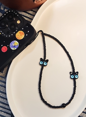 MLGM可爱黑猫咪闺蜜手机绳腕带小众风米珠手机链女适用所有手机壳