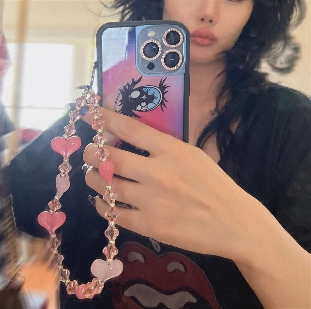 MLGM新款编织串珠灯笼珠手机挂链日韩小众便携女生爱心手机挂绳女