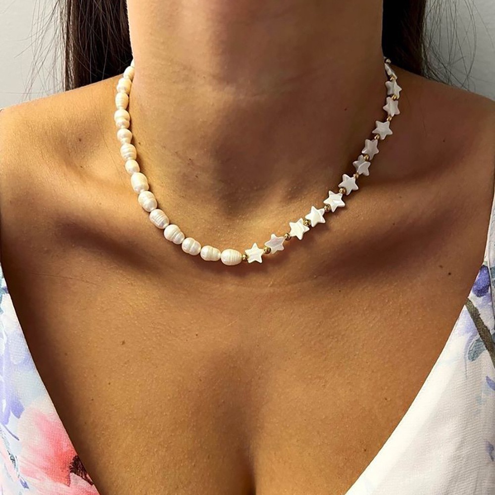 ins小众巴洛克天然珍珠串珠项链女天然深海贝爱心锁骨链欧美饰品