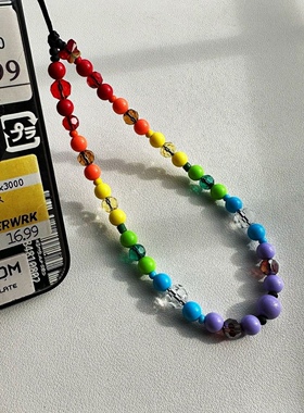 MLGM春夏款亚克力彩虹珠串珠水晶手机链挂件 适合所有手机壳挂绳