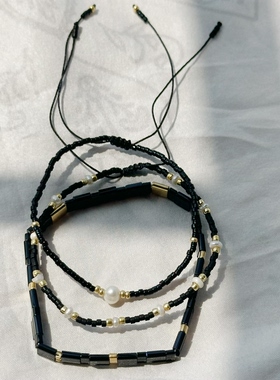 MLGM新款黑色系套装民族风珍珠串珠手链叠戴个性tila弹力线手串绳