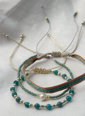 MLGM新款套装绿色系小手链 春夏款半宝石织带抽拉可调节珍珠手串