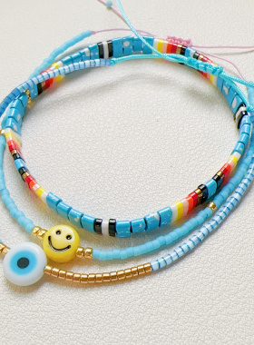 MLGM新款小众ins风tila米珠编织串珠手链 笑脸眼睛蓝色系叠戴手串