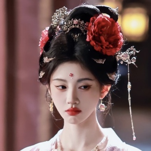 小鞠婧祎同款月鳞绮纪唐风发饰发冠发簪绢花发夹发簪掩鬓步摇汉服