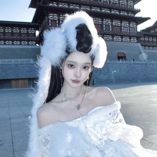 新款锦毛鼠嫦娥发饰古装超仙毛绒头饰古风汉服羽毛条毛球精配饰品