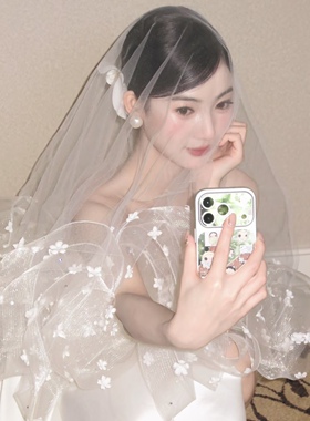 新娘白色花朵波浪边头纱拍照道具