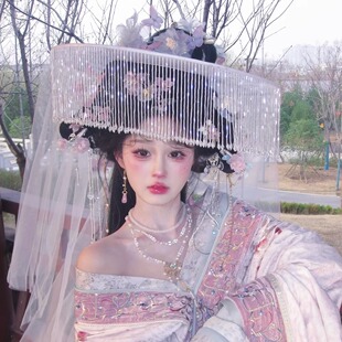 汉服斗笠面纱走秀流苏串珠帽子古风白色遮阳防晒花间令同款帷帽女