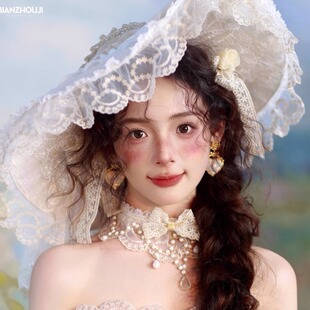 白色米色花朵蝴蝶结礼帽新娘拍照旅拍样片创作造型网纱大檐帽头饰