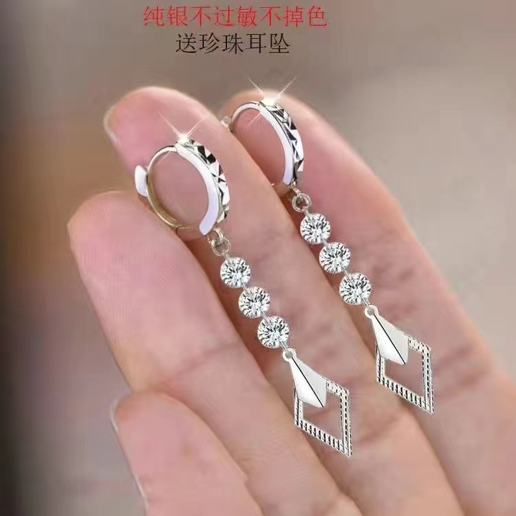 新款耳环2024爆款大气925纯银耳饰防过敏高级感气质菱形耳扣银饰