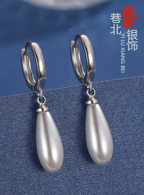 水滴珍珠长款圆脸旗袍女纯银耳扣