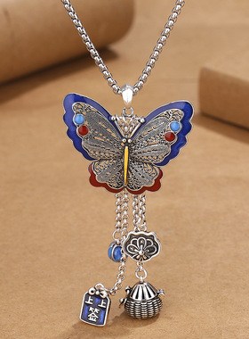 复古民族风景泰蓝蝴蝶项链女气质泰银做旧工艺diy吊坠长款毛衣链