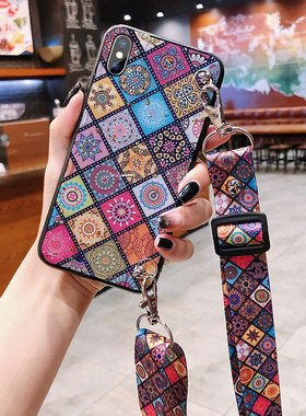 可以背的适用苹果14壳13/12斜跨xs斜挎xr背包式7p背带8x可背6p带挂绳P60挂脖6s女p50复古X90民族风p40/30