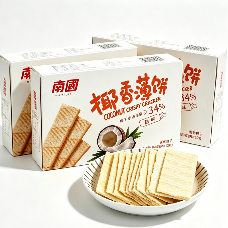 海南特产 南国椰香薄饼160gx3盒 营养早餐椰子薄脆饼干休闲零食