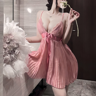 芭比公主*纯欲风蕾丝蝴蝶结百褶吊带睡裙性感深V带胸垫睡衣礼物女