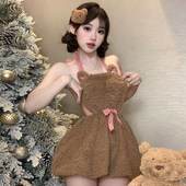 毛绒小熊挂脖连衣裙可爱女仆制服qqny纯欲软妹性感露背吊带睡裙女