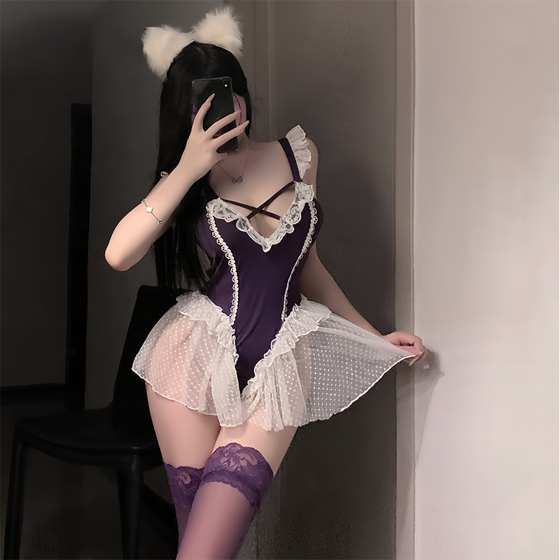 香软姐姐*法式性感蕾丝花边女仆制服纯欲紫色裙摆镂空连体衣套装