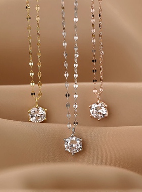 新款足银单钻S999纯银彩银项链女足银简约锆石吊坠轻奢小众锁骨链