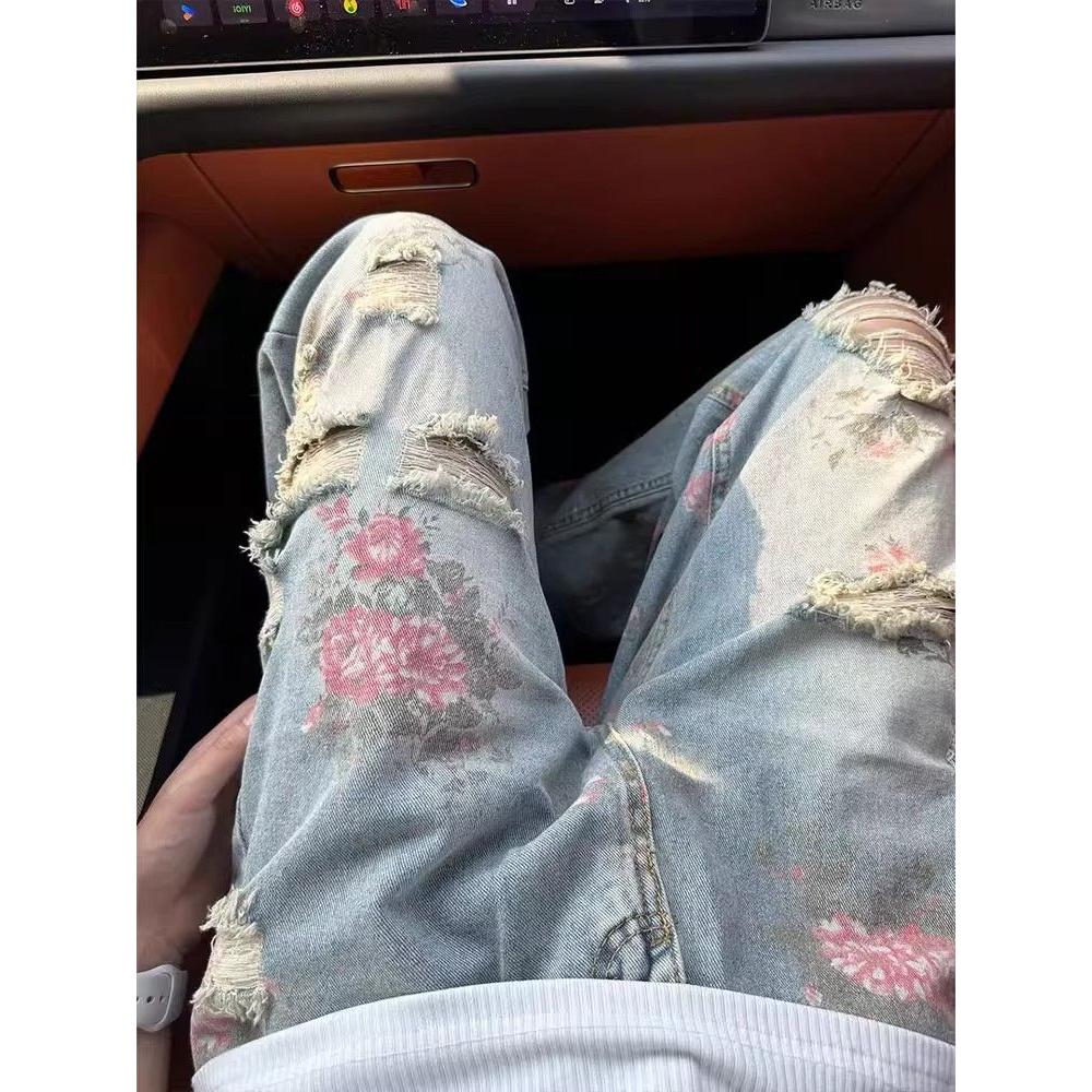 美式高街花卉破洞牛仔裤男款夏季高级感显瘦裤子玫瑰满印直筒长裤