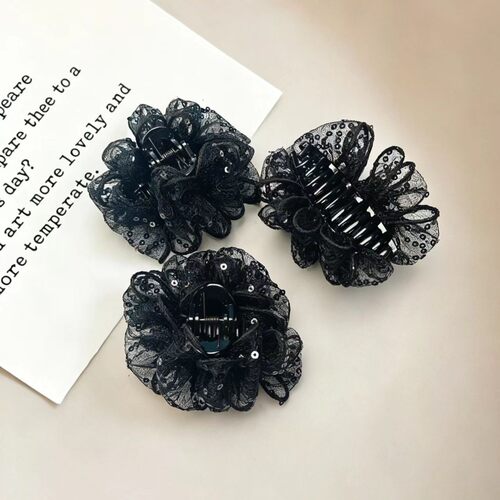 满天星泡泡抓夹亚克力发饰气质复古百搭欧根纱黑色盘发鲨鱼夹发饰
