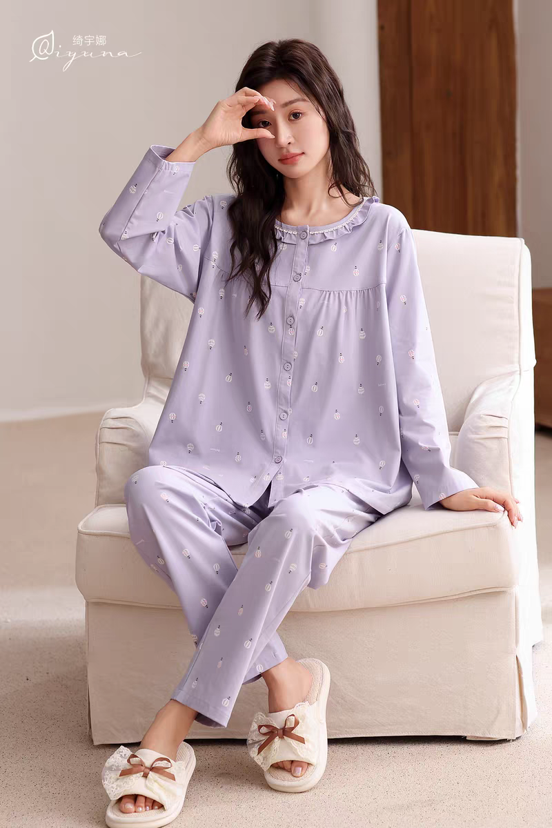 绮宇娜中老年女士睡衣秋季新款纯棉长袖长裤开衫加大码宽松家居服