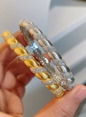 拉丝麻花手镯女轻奢高级感纯银复古小众精致缠绕银镯子锦琪镀金