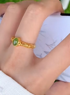 小碧玉戒指女小众设计镀金指环轻奢高级感气质食指戒古法金花丝