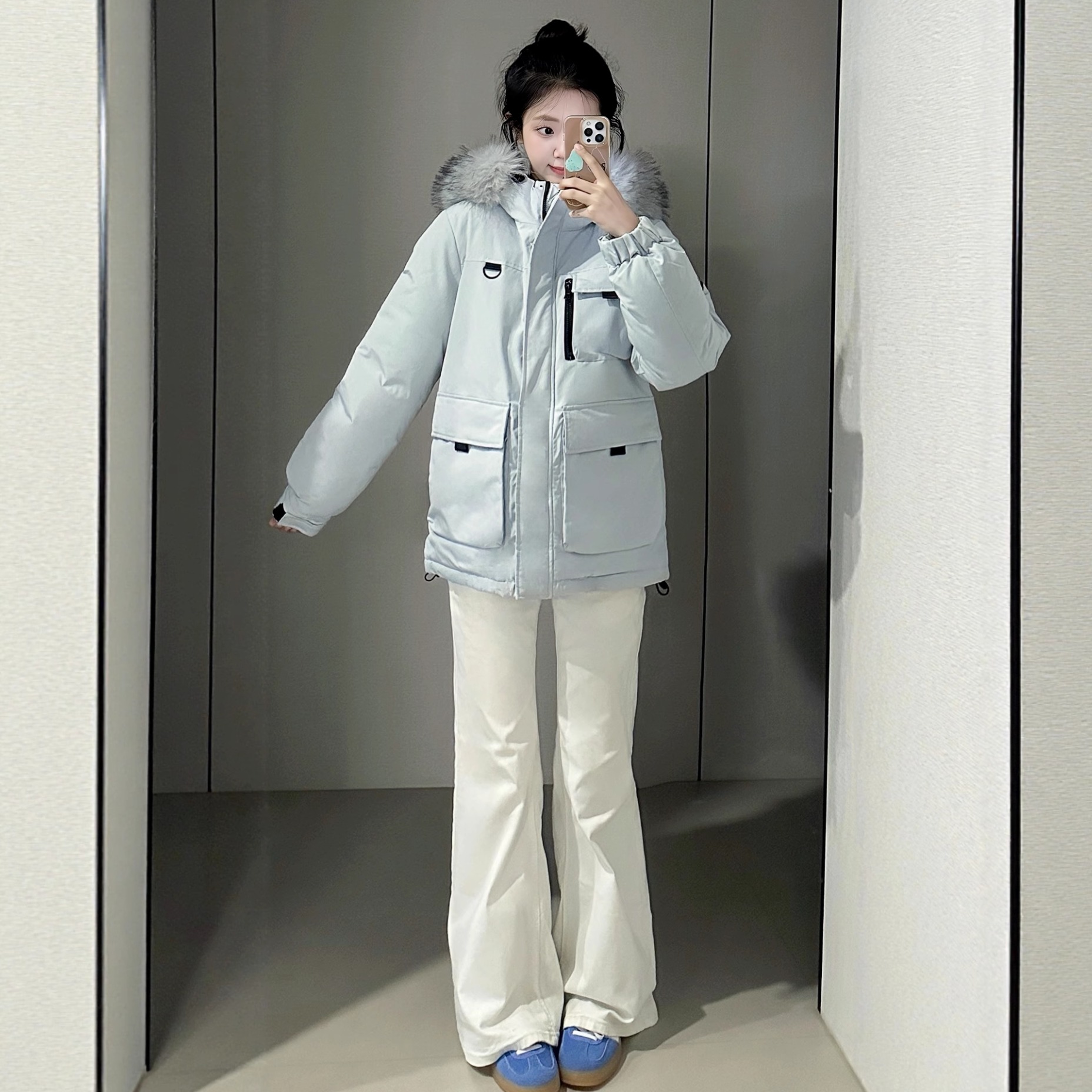 流行冰川蓝加厚保暖大毛领连帽羽绒棉服外套女冬季新款派克服棉衣