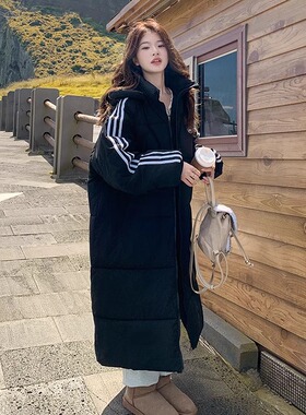 黑色三条杠棉服女2025冬季新款大学生长款女士时尚棉衣棉袄外套潮