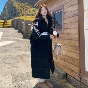 黑色三条杠棉服女2025冬季新款大学生长款女士时尚棉衣棉袄外套潮