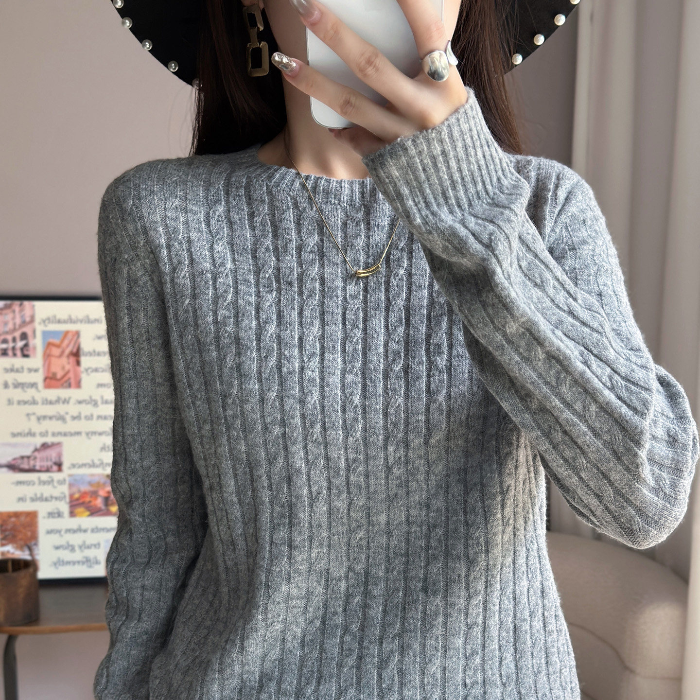 超柔羊毛衫圆领麻花针织衫