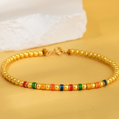 古法沙金手链铜镀金烧蓝珐琅彩虹桶珠子手串小众设计520礼物送礼
