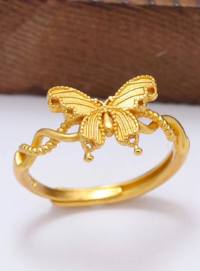 古法沙金点钻拉丝蝴蝶戒指女轻奢小众设计感高级食指戒送女友礼物