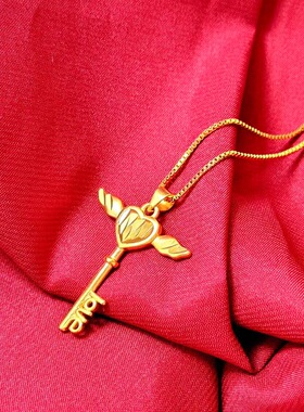 天使爱心钥匙项链女沙金细锁骨链