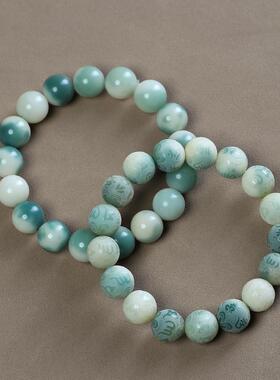 绿飘花渐变菩提根手串雕刻六字手持车挂学生盘玩女菩提子文玩手链