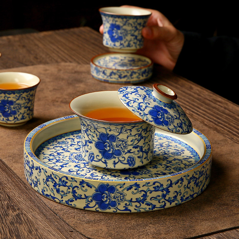 汝窑缠枝莲旋转悬停盖碗茶具套装