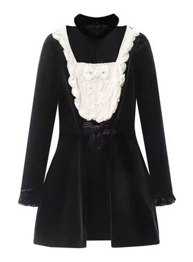 CHAONING2025冬季新款赫本风丝绒蝴蝶结拼接花边袖气质连衣裙女