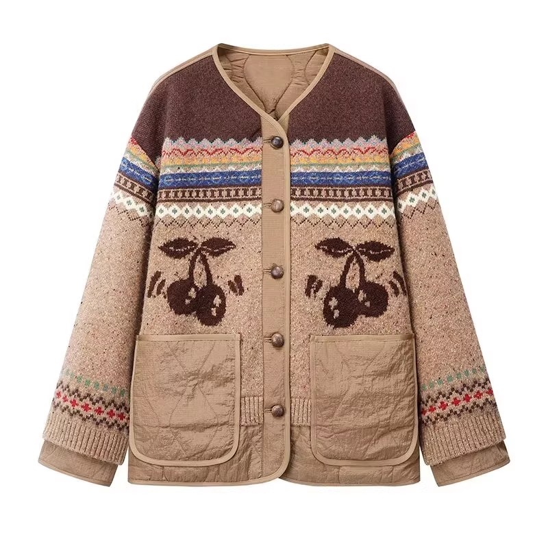 樱桃图案针织拼接圆领棉服外套女