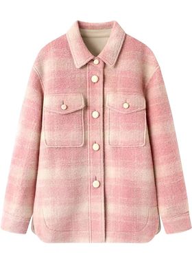 CHAONING甜美风粉色格纹毛呢外套女2025冬新款宽松